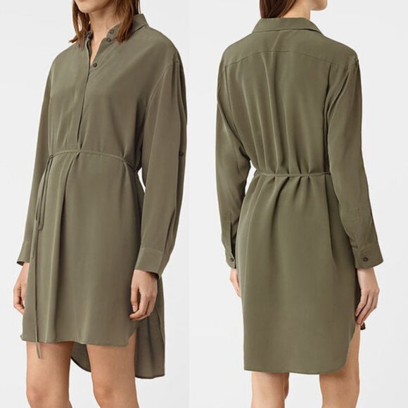 All Saints - Green Silk 'Alex' Collared Mini Shirt Dress - size 8 - Picture 1 of 9